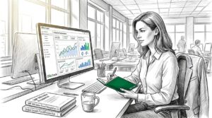 Woman analyzing index-related data at desk