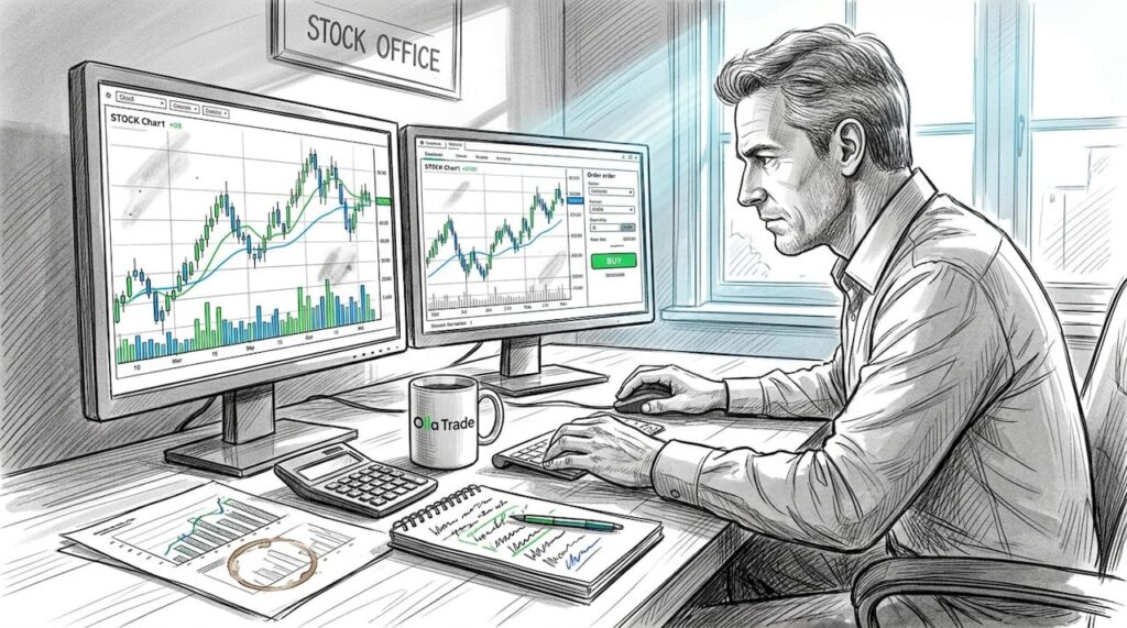 Trader places order at home office desk