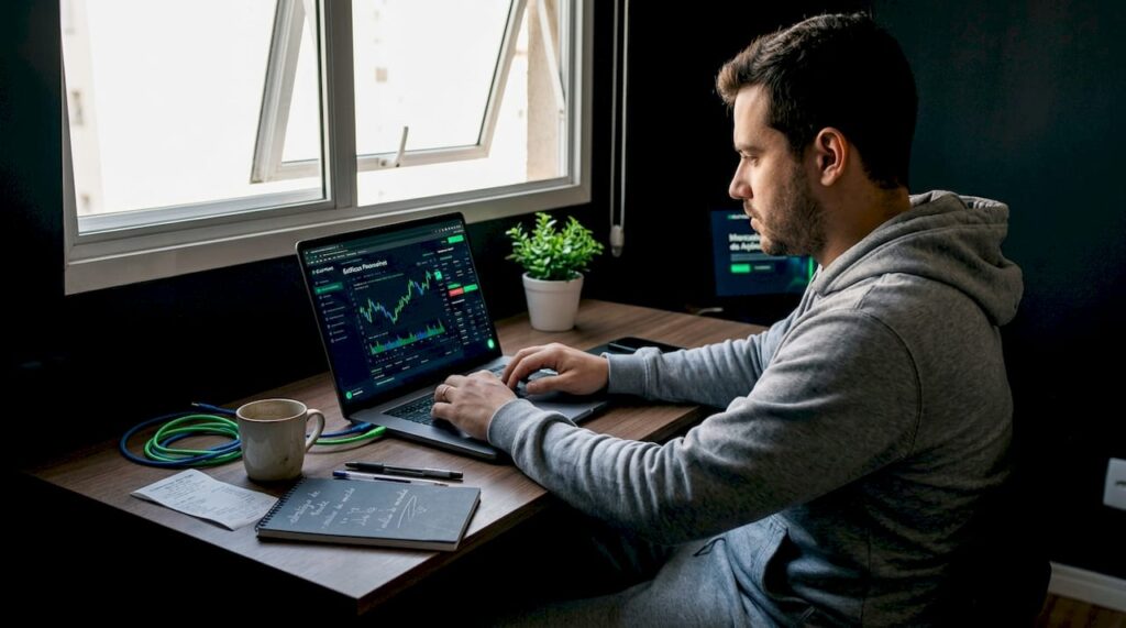 Investidor analisando gráficos no home office