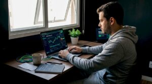 Investidor analisando gráficos no home office