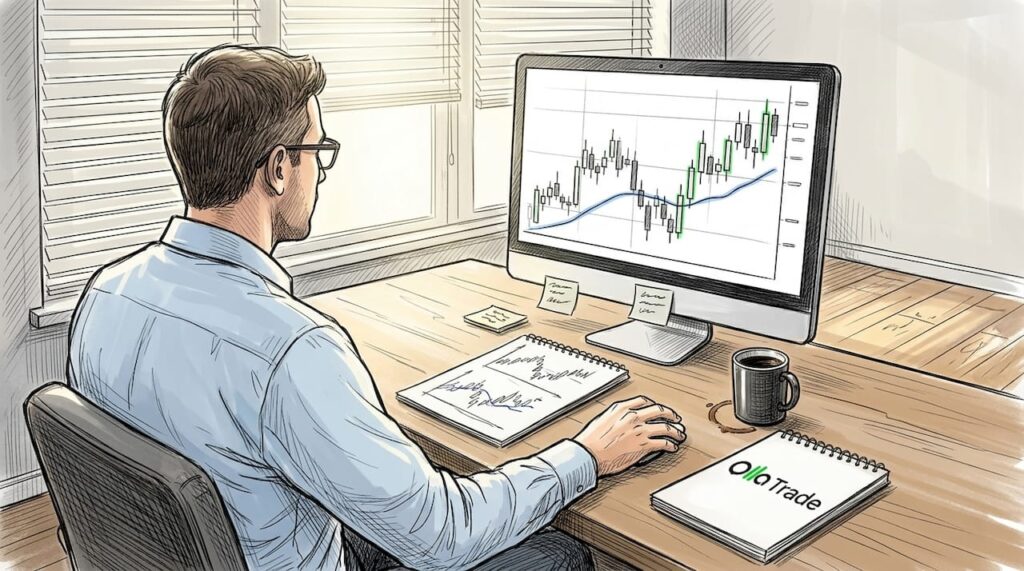 Trader reviewing candlestick chart in home office
