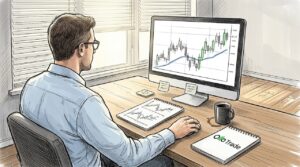 Trader reviewing candlestick chart in home office