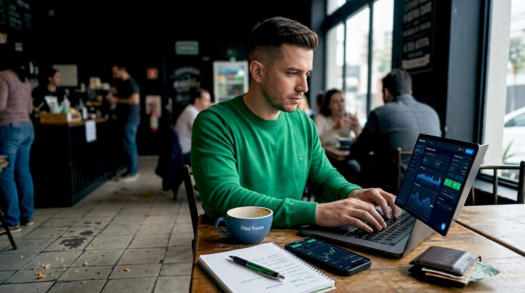 Pessoa operando criptomoedas no notebook enquanto aproveita um café na cafeteria.