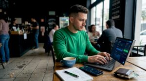 Pessoa operando criptomoedas no notebook enquanto aproveita um café na cafeteria.