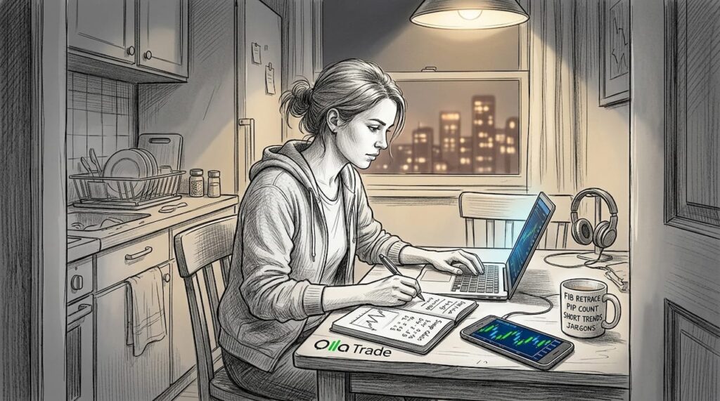 Woman trading forex overnight at kitchen table