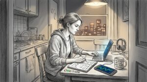 Woman trading forex overnight at kitchen table