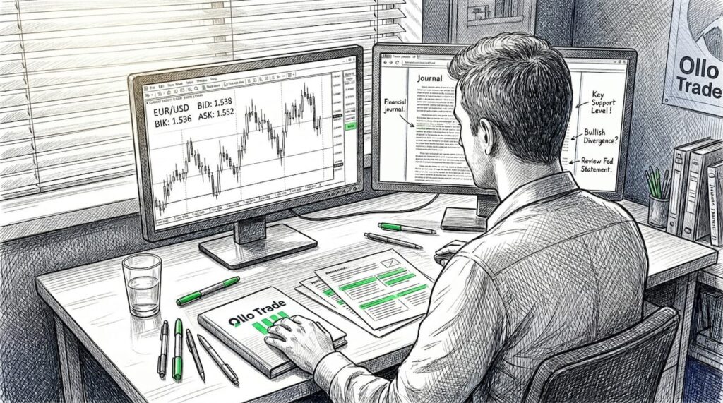 Trader watching live bid and ask forex quotes