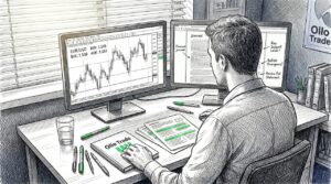 Trader watching live bid and ask forex quotes