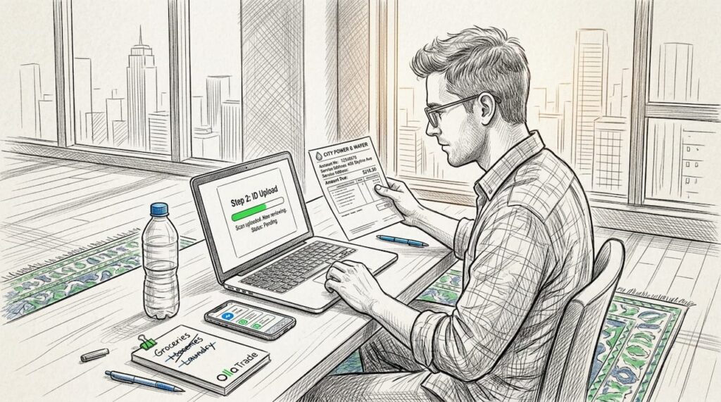 Trader uploading ID for account verification at home desk
