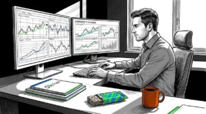Trader at desk with financial charts on screens