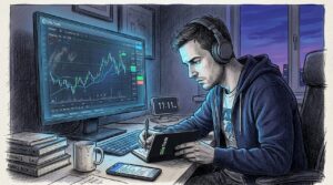 Trader checks positions in home office late at night
