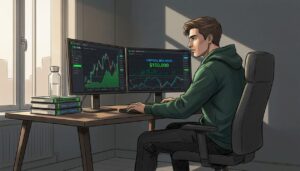 Man practicing forex demo trading at home desk