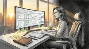 Trader reviewing risk management in home office