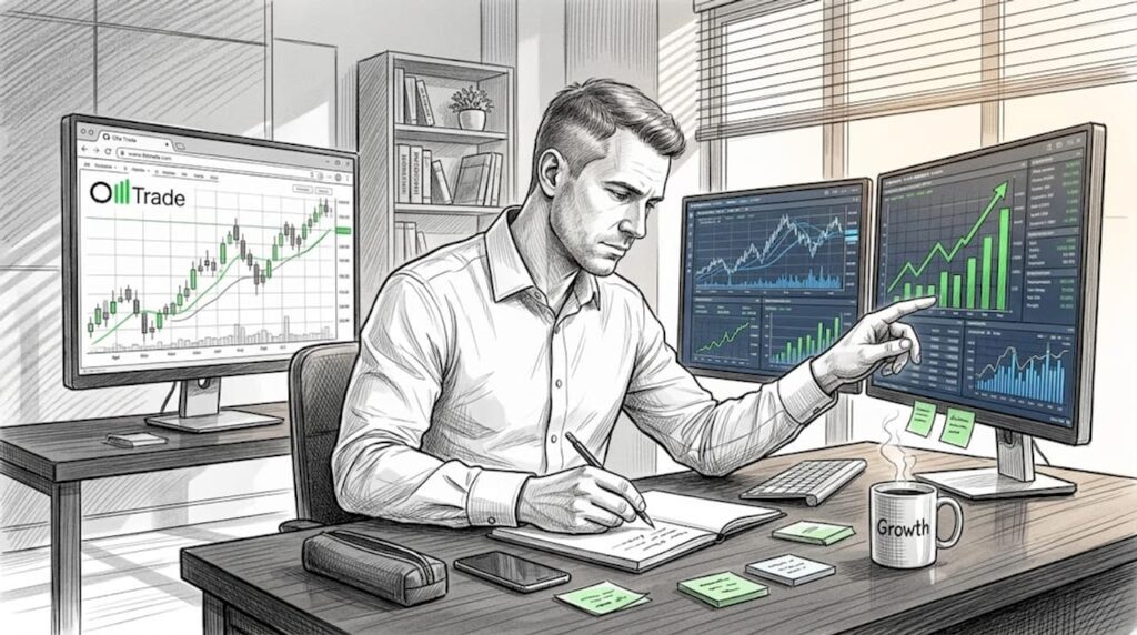 Trader using research tools in home office