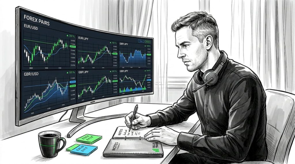 Forex trader reviewing analysis at desk
