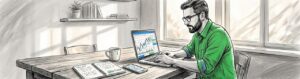 Man analyzing metals trading charts at kitchen table