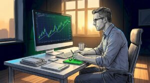 Home office trader checking candlestick chart