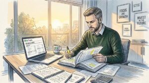 Man analyzing financial statements at home desk