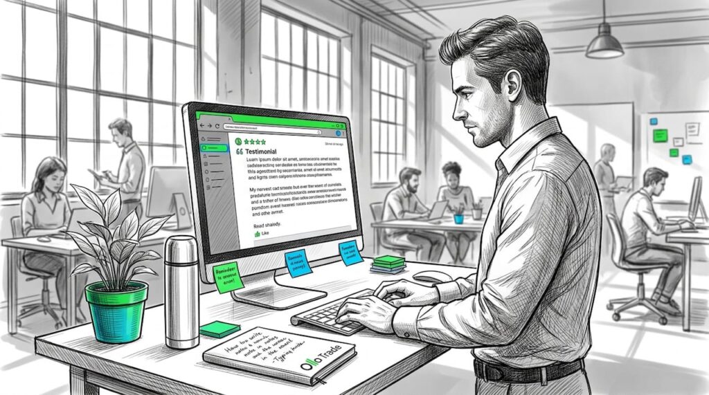 Professional writing detailed business testimonial at desk
