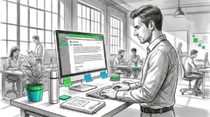 Professional writing detailed business testimonial at desk