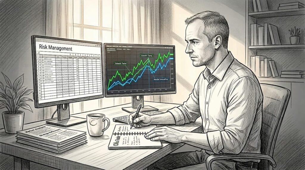 Trader planning risk strategy at home desk