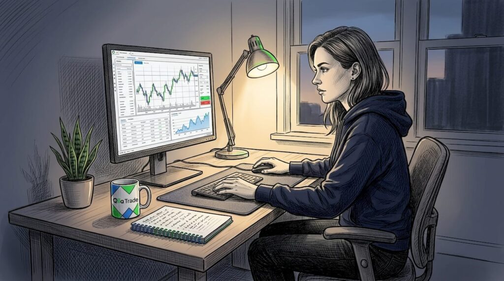 Trader using online platform at home desk