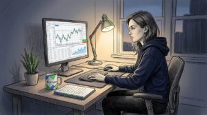 Trader using online platform at home desk