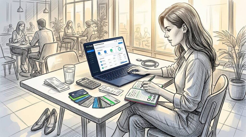 Woman trader reviewing payment options at coworking table