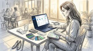 Woman trader reviewing payment options at coworking table