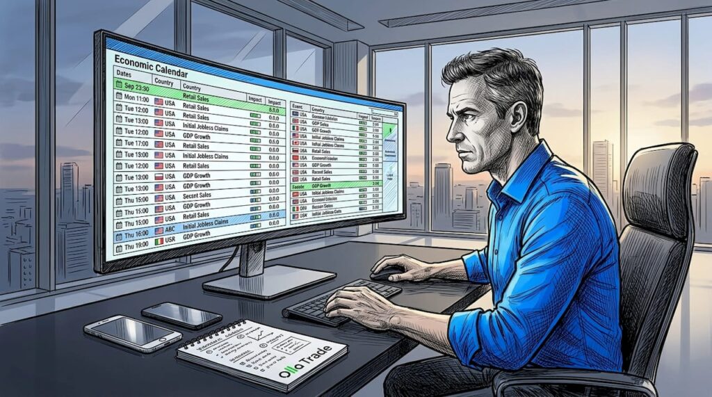 Trader reviewing economic calendar on screen
