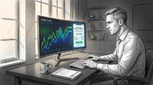 Trader confirming withdrawal on computer at home office