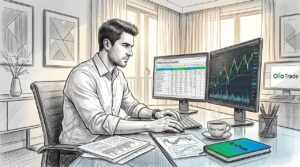 Trader analyzing position sizing on screens at desk