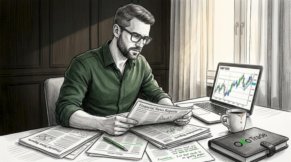 Trader at home office reading market news