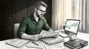 Trader at home office reading market news