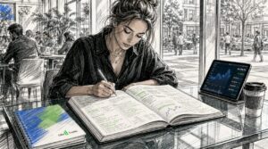 Retail trader reviewing trade journal at desk