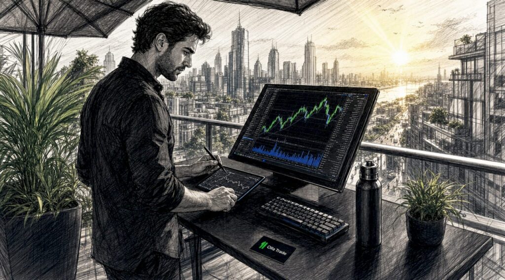 Trader working with expert advisor tools at home office