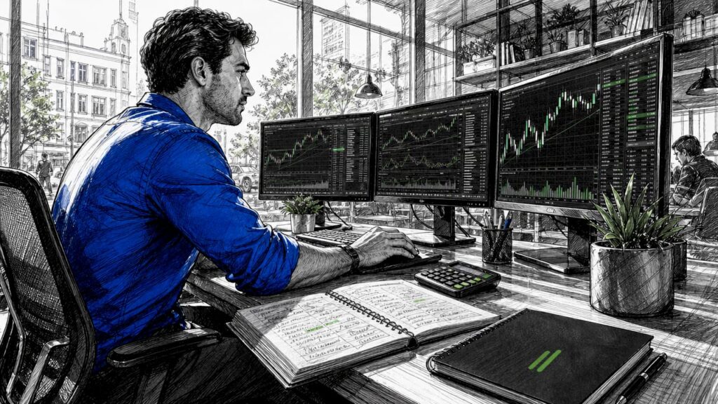Trader analyzing financial spread at desk