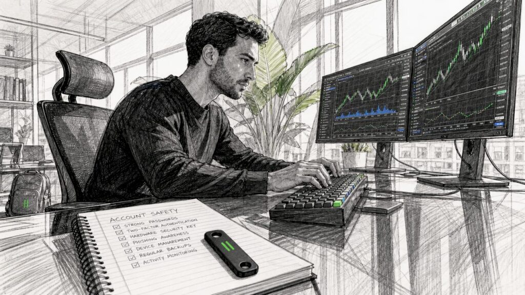 Trader at desk applying security checklist