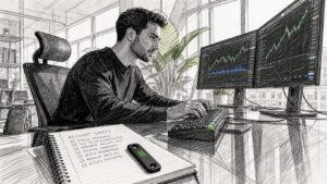 Trader at desk applying security checklist