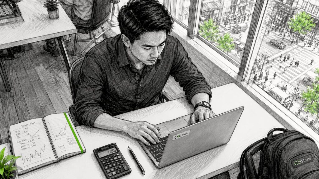 Trader calculating lot size at desk