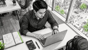 Trader calculating lot size at desk
