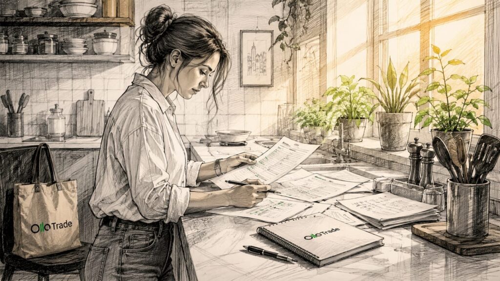 Trader reviewing printed trade orders at home desk
