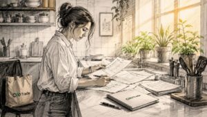 Trader reviewing printed trade orders at home desk