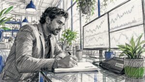 Trader analyzing stock oscillators at desk