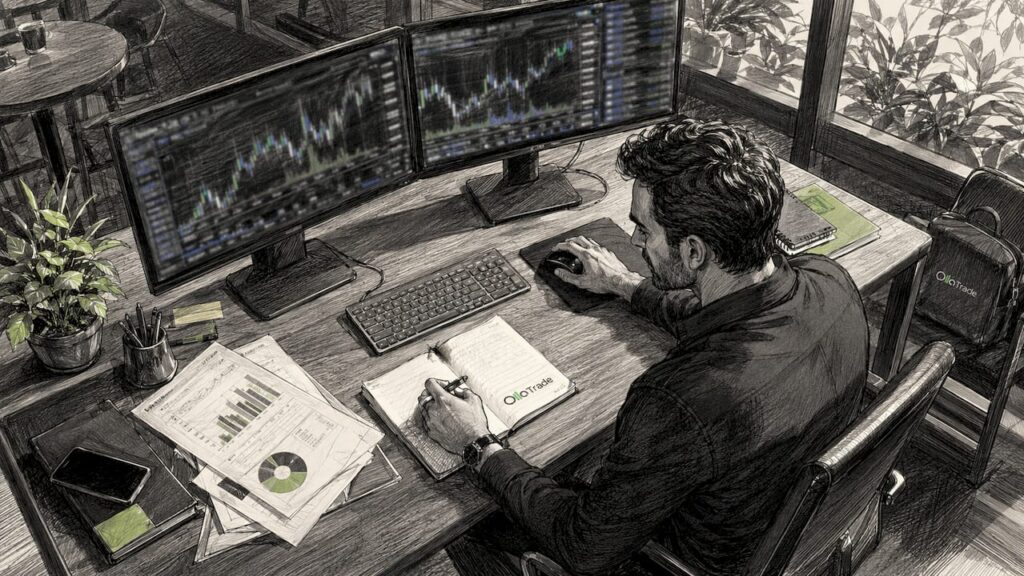 Trader analyzing trading slippage at home desk