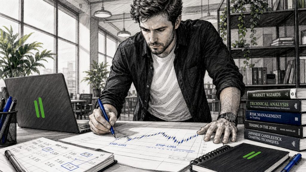 Trader marking stop-loss levels on printed chart