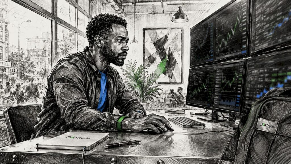 Trader at desk reacting to trade orders