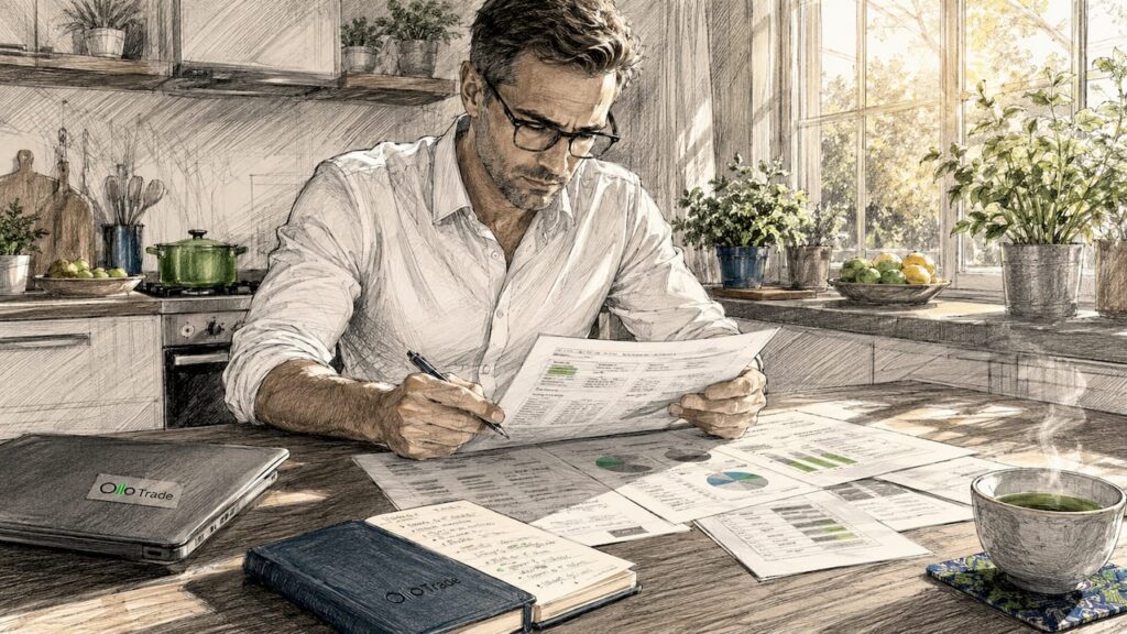 Trader reviewing printed risk management documents